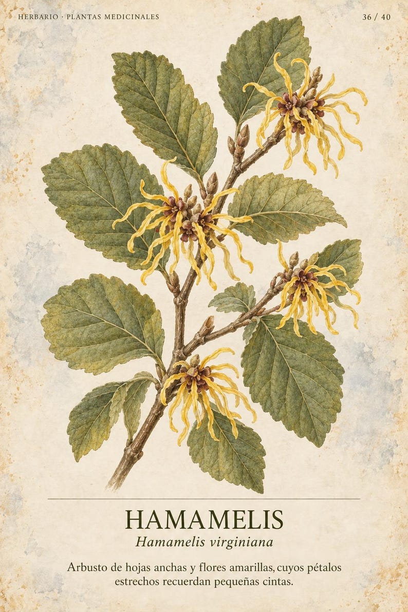 K&ouml;nnte beinhalten: Eine botanische Illustration der Hamamelis virginiana mit gr&uuml;nen, gezackten Bl&auml;ttern und B&uuml;scheln aus d&uuml;nnen, gelben, bandartigen Bl&uuml;tenbl&auml;ttern. Der Druck enth&auml;lt den Text HERBARIO PLANTAS MEDICINALES 36/40, HAMAMELIS, Hamamelis virginiana und eine Beschreibung.