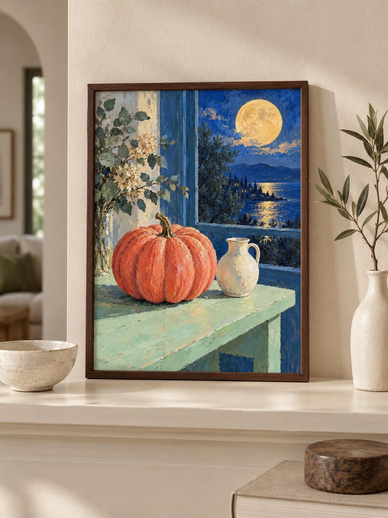 Pode incluir: Uma pintura emoldurada retratando uma ab&oacute;bora laranja vibrante e um pequeno jarro branco sobre uma mesa verde-clara. Atrav&eacute;s de uma janela aberta, uma lua cheia amarela ilumina um c&eacute;u noturno azul-escuro, um mar calmo e a costa.