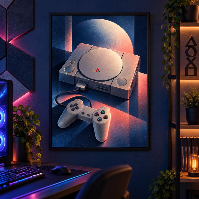 May include: A framed wall art print featuring a gray vintage video game console and a matching controller. The console has a circular disc cover with a colorful logo, and the controller displays iconic geometric symbols. The artwork uses blue and orange lighting to create a dramatic, stylized aesthetic.