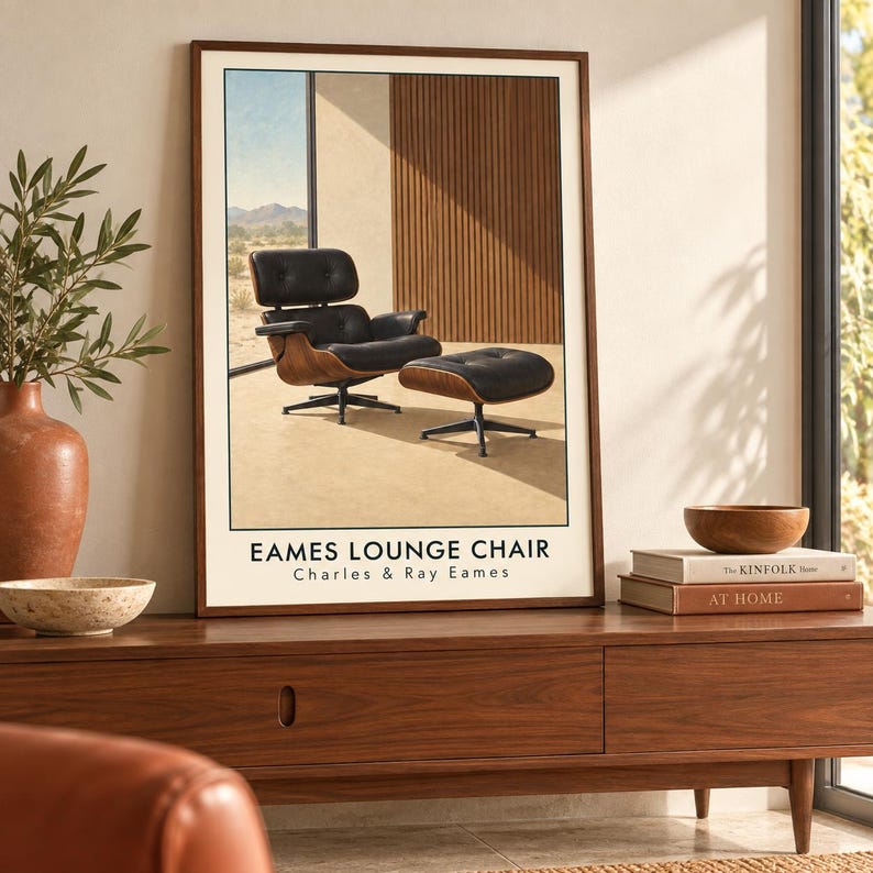 May include: A framed wall art print featuring a black leather Eames lounge chair and matching ottoman on a light floor. The text EAMES LOUNGE CHAIR Charles & Ray Eames is printed at the bottom. The background shows a desert landscape and wood paneling.