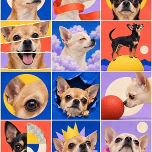 K&ouml;nnte beinhalten: Eine Collage aus zw&ouml;lf quadratischen Feldern mit verschiedenen Chihuahua-Hunden in unterschiedlichen Posen und Umgebungen, darunter einer mit blauer Sonnenbrille, einer mit Papierkrone, einer mit rosa Ring und andere mit bunten geometrischen Formen.
