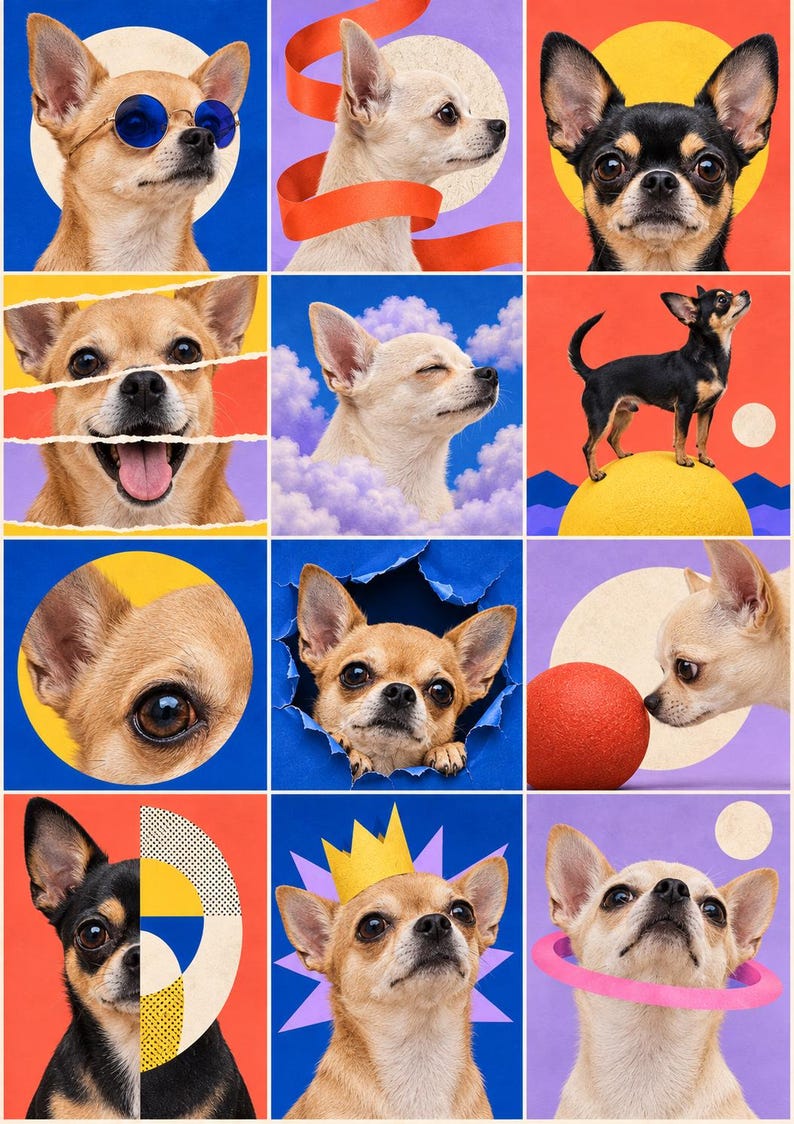 K&ouml;nnte beinhalten: Eine Collage aus zw&ouml;lf quadratischen Feldern mit verschiedenen Chihuahua-Hunden in unterschiedlichen Posen und Umgebungen, darunter einer mit blauer Sonnenbrille, einer mit Papierkrone, einer mit rosa Ring und andere mit bunten geometrischen Formen.