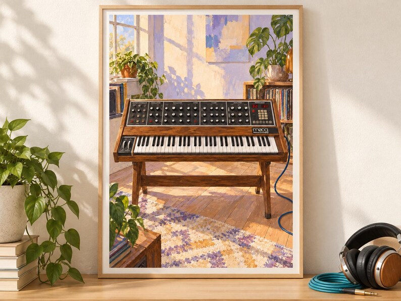 May include: A framed art print depicting a wooden Moog synthesizer on a stand, positioned in a sunlit room with a patterned rug, potted plants, and a bookshelf. The synthesizer features a black control panel with numerous knobs and white keys.