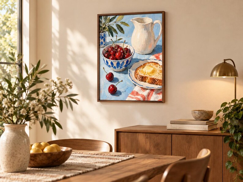 May include: A framed oil painting depicting a still life scene on a blue surface. The artwork features a white pitcher, a bowl filled with red cherries, two loose cherries, and a slice of toasted bread topped with a pat of yellow butter.