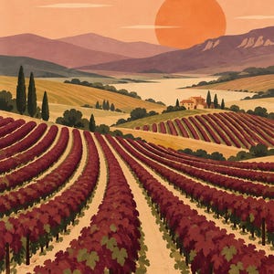 Pu&ograve; includere: Un'illustrazione digitale di un vigneto con filari di viti rosso scuro che si estendono su colline ondulate verso una fattoria in lontananza. Un grande sole arancione &egrave; sospeso in un cielo color pesca sopra montagne e uno specchio d'acqua.