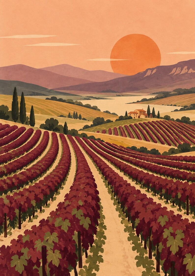 Pu&ograve; includere: Un'illustrazione digitale di un vigneto con filari di viti rosso scuro che si estendono su colline ondulate verso una fattoria in lontananza. Un grande sole arancione &egrave; sospeso in un cielo color pesca sopra montagne e uno specchio d'acqua.
