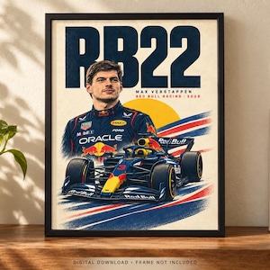 Pu&ograve; includere: Un poster incorniciato con un ritratto di Max Verstappen sopra una vettura di Formula 1 Red Bull Racing. Il testo riporta RB22, Max Verstappen e Red Bull Racing 2024. Il design include un sole giallo e strisce da corsa rosse, bianche e blu.