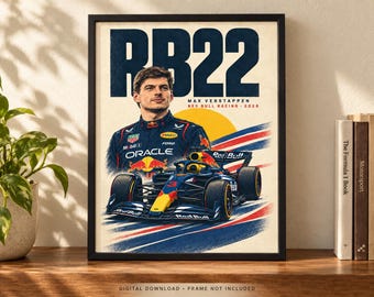 Póster de Max Verstappen RB22 2026, piloto y coche de Red Bull Racing, formato retro A2 digital JPG.