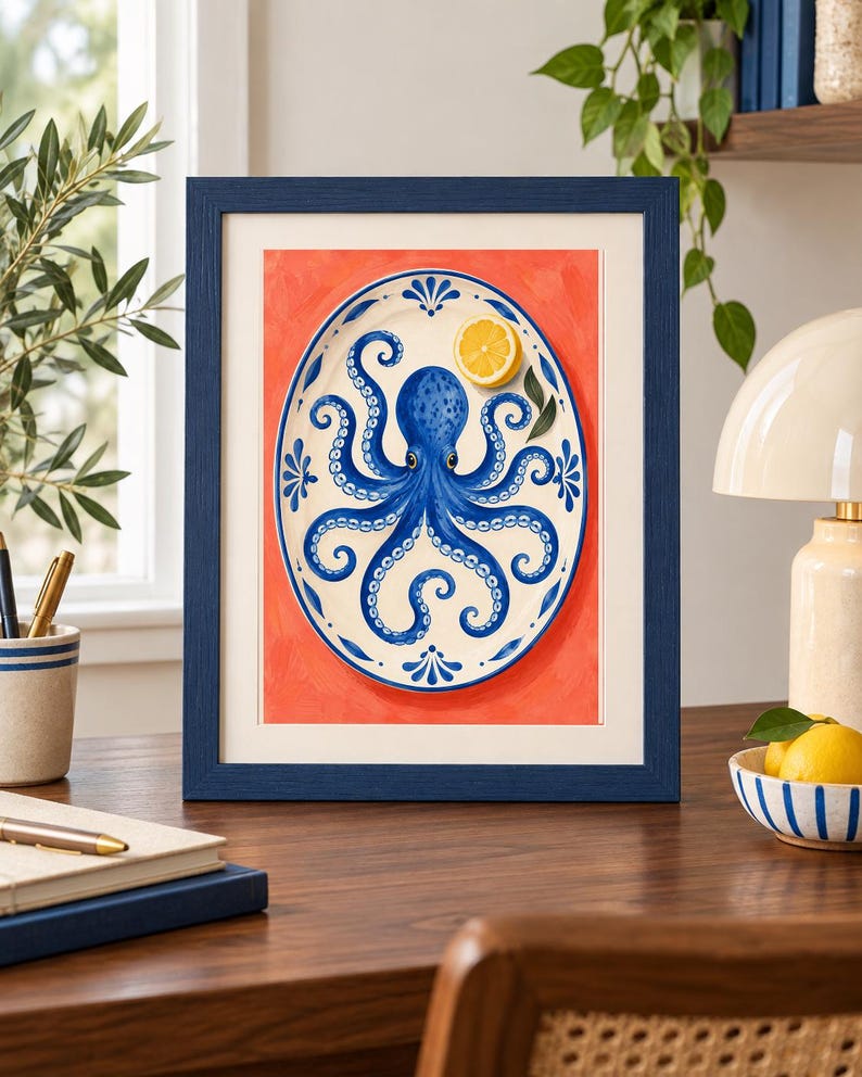 May include: A framed art print featuring an oval white platter with a blue octopus illustration and a single lemon slice. The platter is centred against a solid coral-orange background. The entire image is enclosed in a dark blue wooden frame.