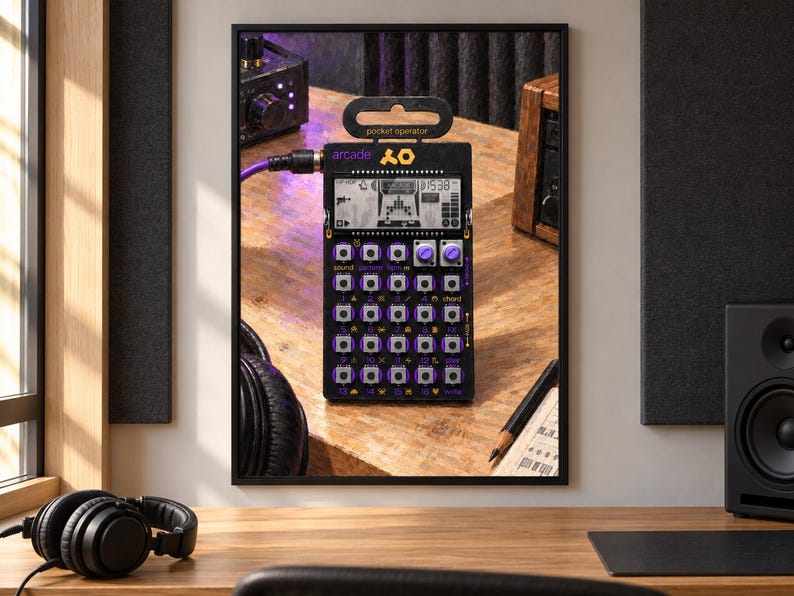 May include: A black pocket operator arcade synthesizer featuring a digital display, purple circular buttons, and a grid of sixteen square keys. The device is labeled with the text pocket operator and arcade, and it is connected to a purple audio cable.
