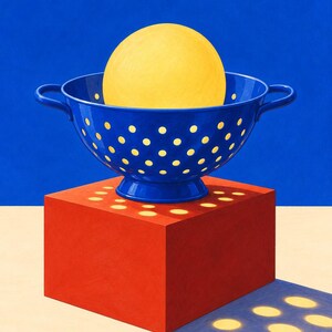 Puede incluir: Un colador azul brillante con dos asas se asienta sobre un cubo rojo s&oacute;lido. Dentro del colador descansa una esfera amarilla grande y lisa. La luz pasa a trav&eacute;s de los agujeros perforados, proyectando patrones circulares amarillos.