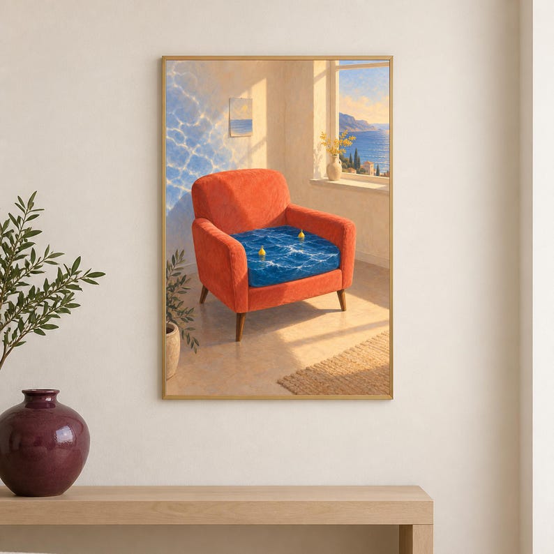Puede incluir: Una l&aacute;mina de arte mural enmarcada que muestra un sill&oacute;n naranja vibrante en una habitaci&oacute;n iluminada por el sol. El coj&iacute;n del asiento es una piscina de agua azul con dos limones amarillos flotando. Una ventana muestra una vista al mar.