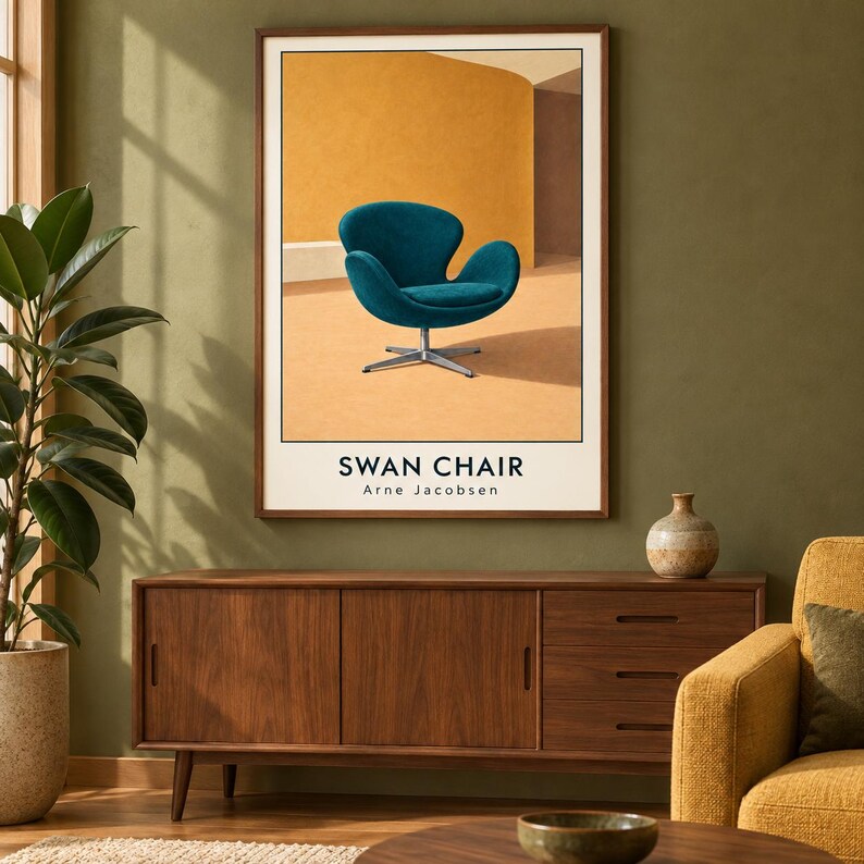 May include: A framed wall art print featuring a teal Swan chair on a light orange background. The text SWAN CHAIR and Arne Jacobsen is printed in black at the bottom of the print. The artwork is displayed in a thin brown wooden frame.