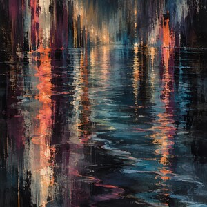 Op de afbeelding: Een abstract olieverfschilderij dat een stadssilhouet bij nacht weergeeft, weerspiegeld in het water. De compositie bevat verticale penseelstreken in tinten diepzwart, marineblauw, levendig oranje en zacht wit voor licht en beweging.