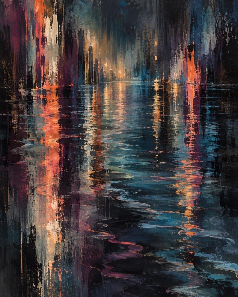 Op de afbeelding: Een abstract olieverfschilderij dat een stadssilhouet bij nacht weergeeft, weerspiegeld in het water. De compositie bevat verticale penseelstreken in tinten diepzwart, marineblauw, levendig oranje en zacht wit voor licht en beweging.