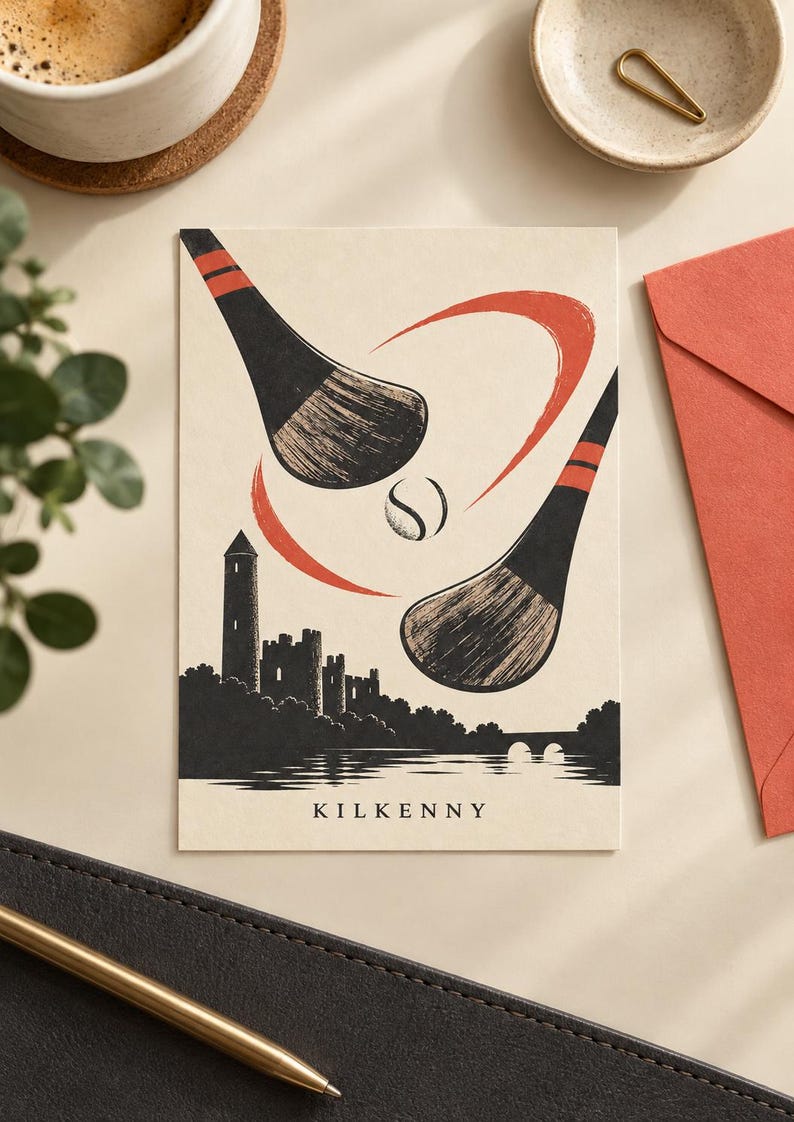Peut inclure: Une carte de v&oelig;ux rectangulaire sur fond cr&egrave;me avec une illustration noire et orange de deux crosses de hurling et une balle au-dessus de la silhouette d'un ch&acirc;teau et d'une rivi&egrave;re. Le mot KILKENNY est imprim&eacute; en noir en bas au centre.