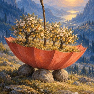 May include: A large, open, red umbrella resting on three grey rocks, containing two small, flowering fruit trees and a tall, bare wooden shepherd's crook. The scene is set against a backdrop of mountains, a river, and a sunset sky.