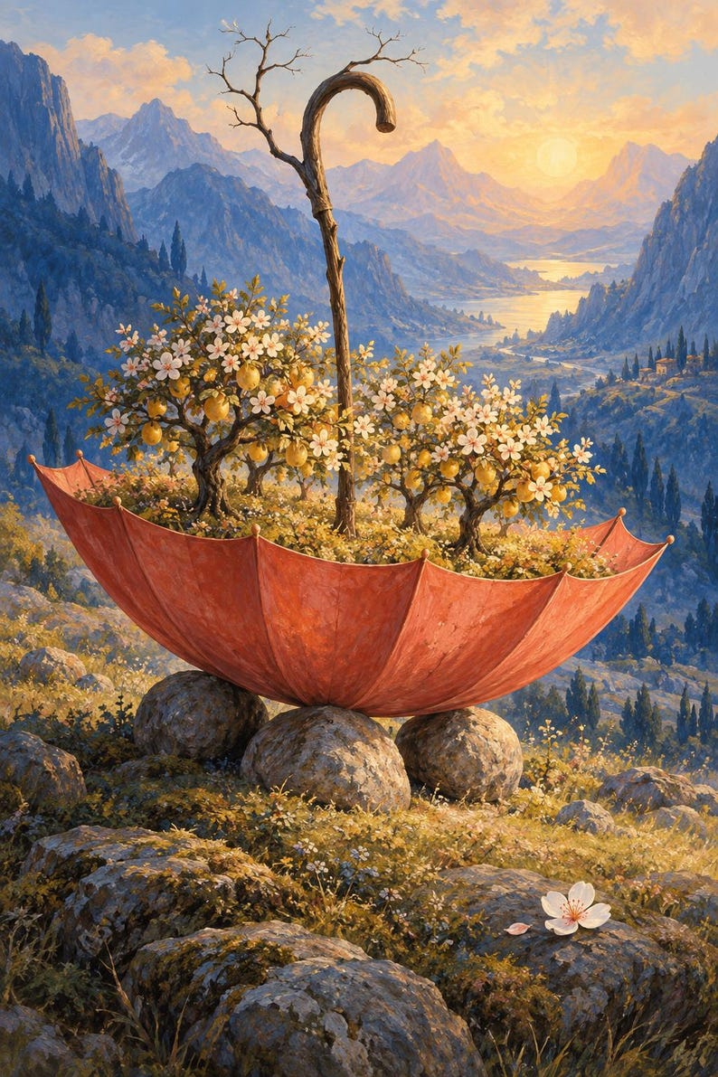 May include: A large, open, red umbrella resting on three grey rocks, containing two small, flowering fruit trees and a tall, bare wooden shepherd's crook. The scene is set against a backdrop of mountains, a river, and a sunset sky.