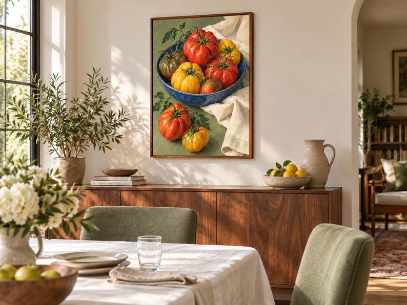 May include: A framed wall art print depicting a still life of heirloom tomatoes in a blue bowl. The composition features red, yellow, and green tomatoes with green stems, resting on a white cloth against a muted green background.