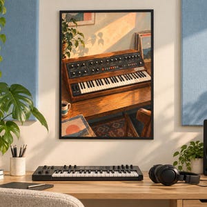 Puede incluir: Una impresi&oacute;n de arte de pared enmarcada que representa un sintetizador de madera vintage en un escritorio con una taza de caf&eacute; y plantas. La obra presenta luz solar c&aacute;lida que proyecta sombras sobre el instrumento, las teclas y la superficie de madera.