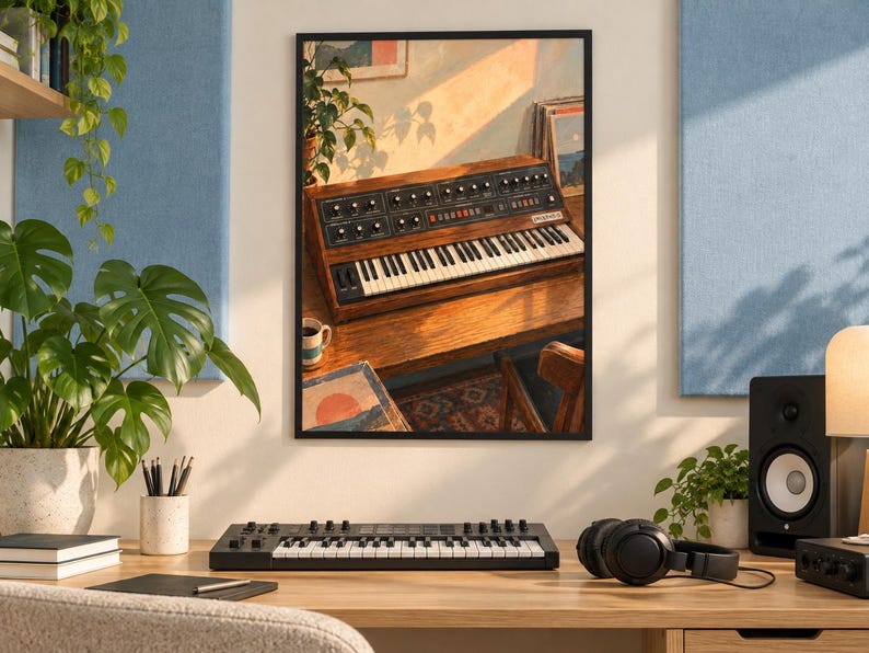 Puede incluir: Una impresi&oacute;n de arte de pared enmarcada que representa un sintetizador de madera vintage en un escritorio con una taza de caf&eacute; y plantas. La obra presenta luz solar c&aacute;lida que proyecta sombras sobre el instrumento, las teclas y la superficie de madera.