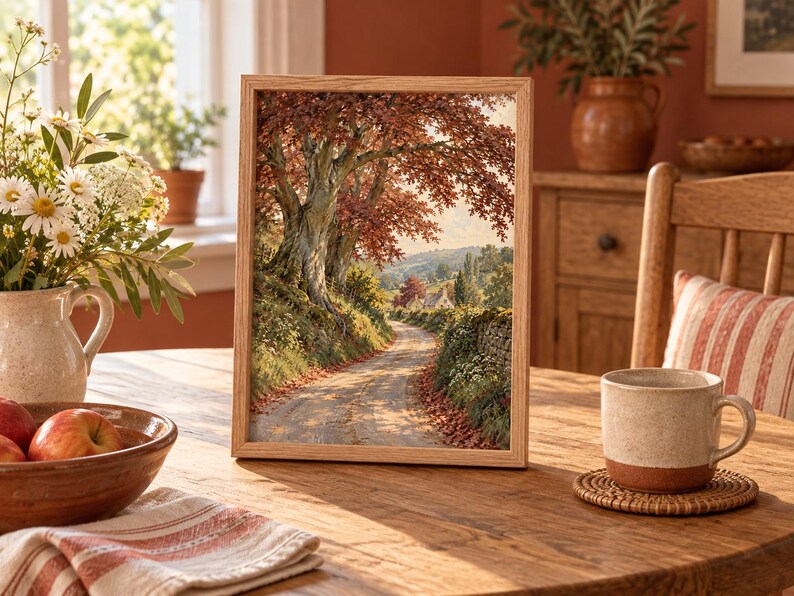 Puede incluir: Una impresi&oacute;n rectangular enmarcada que presenta una pintura de paisaje de un camino de tierra que serpentea a trav&eacute;s de una escena rural con un gran &aacute;rbol con follaje oto&ntilde;al, muros de piedra y una casa distante bajo una luz suave.