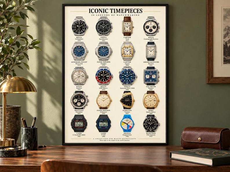 May include: A framed poster titled ICONIC TIMEPIECES 26 LEGENDS OF WATCHMAKING featuring a grid of twenty-four illustrations of various wristwatches with their brand names, model names, and release years printed in black text below each.