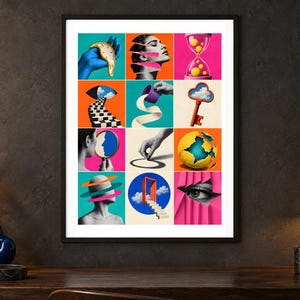 May include: A framed wall art print featuring a grid of twelve surrealist collage images. The colorful panels display various abstract scenes including a melting clock, a human profile, an hourglass, a key, a globe, and a human eye, all set against vibrant backgrounds.