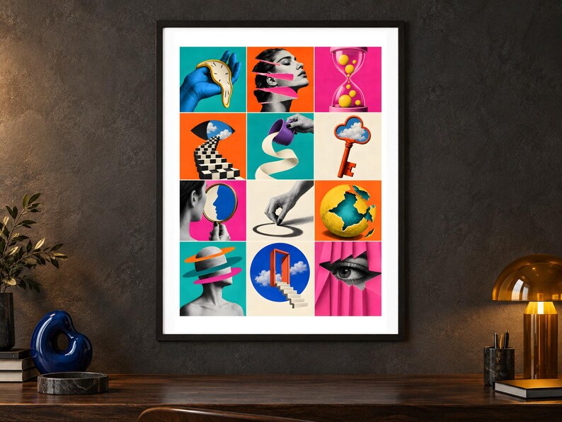May include: A framed wall art print featuring a grid of twelve surrealist collage images. The colorful panels display various abstract scenes including a melting clock, a human profile, an hourglass, a key, a globe, and a human eye, all set against vibrant backgrounds.
