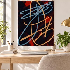 May include: A rectangular wall art print featuring an abstract composition of overlapping light blue and gold linear strokes set against a dark, textured background of deep red and black geometric shapes within a thin wooden frame.