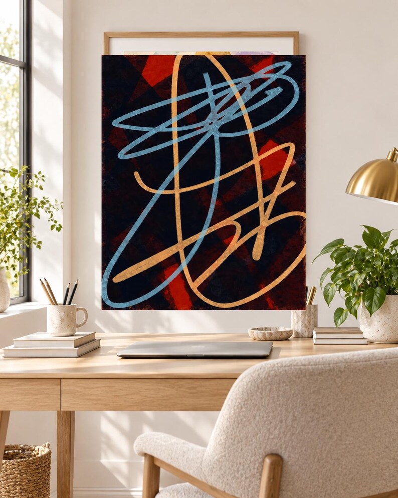 May include: A rectangular wall art print featuring an abstract composition of overlapping light blue and gold linear strokes set against a dark, textured background of deep red and black geometric shapes within a thin wooden frame.