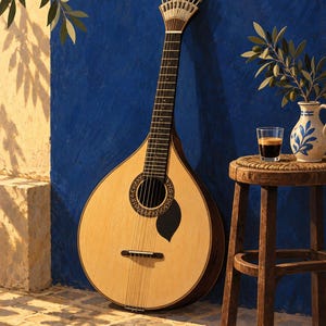 Pode incluir: Uma guitarra portuguesa com corpo de madeira clara, escala escura e uma cabe&ccedil;a em forma de leque com doze cravelhas. O instrumento apresenta uma boca circular com incrusta&ccedil;&otilde;es decorativas e uma prote&ccedil;&atilde;o de palheta preta em forma de gota.