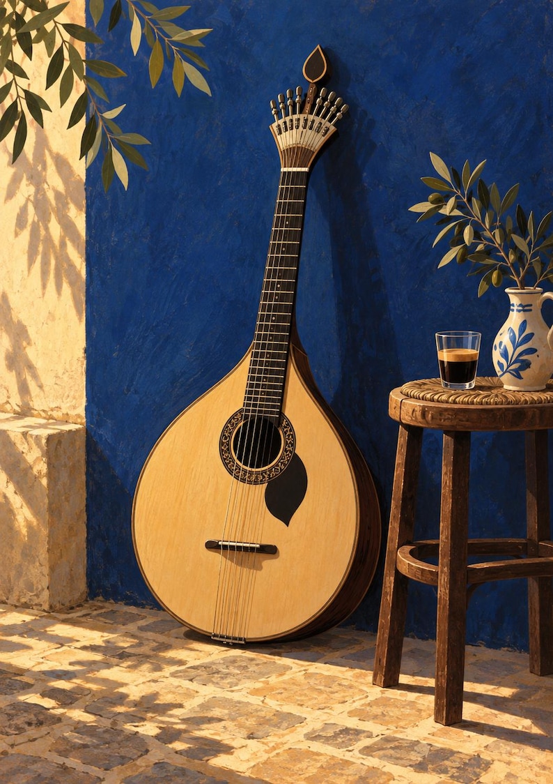Pode incluir: Uma guitarra portuguesa com corpo de madeira clara, escala escura e uma cabe&ccedil;a em forma de leque com doze cravelhas. O instrumento apresenta uma boca circular com incrusta&ccedil;&otilde;es decorativas e uma prote&ccedil;&atilde;o de palheta preta em forma de gota.
