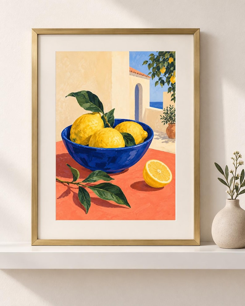 May include: A framed art print depicting a vibrant blue bowl filled with yellow lemons and green leaves resting on an orange surface. The background shows a Mediterranean-style building with an arched doorway, a lemon tree, and a glimpse of the sea.