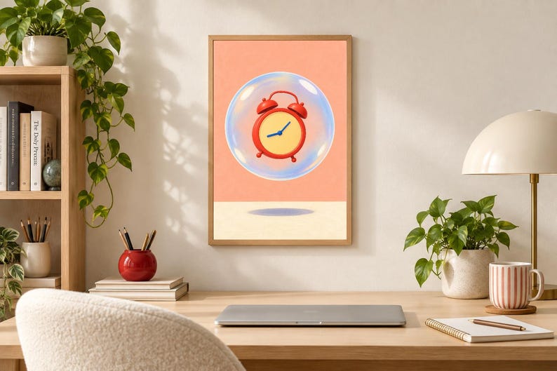 May include: A framed wall art print featuring a red analog alarm clock with a yellow face and blue hands, encased inside a translucent, iridescent bubble against a solid peach-colored background, positioned above a light beige surface.