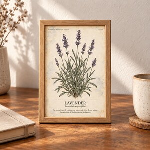 May include: A rectangular wooden frame containing a botanical print of a lavender plant with violet flower spikes and green leaves on a cream background. The text reads LAVENDER, Lavandula angustifolia, and a description of the plant.