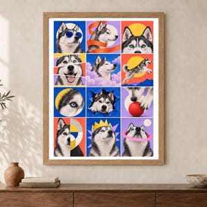 Puede incluir: Una l&aacute;mina de arte enmarcada que presenta una cuadr&iacute;cula de doce retratos de un Husky siberiano. El colorido collage muestra al perro en varios escenarios l&uacute;dicos, incluyendo con gafas de sol azules, una corona amarilla y un aro rosa, sobre fondos vibrantes.