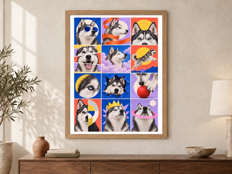 Puede incluir: Una l&aacute;mina de arte enmarcada que presenta una cuadr&iacute;cula de doce retratos de un Husky siberiano. El colorido collage muestra al perro en varios escenarios l&uacute;dicos, incluyendo con gafas de sol azules, una corona amarilla y un aro rosa, sobre fondos vibrantes.