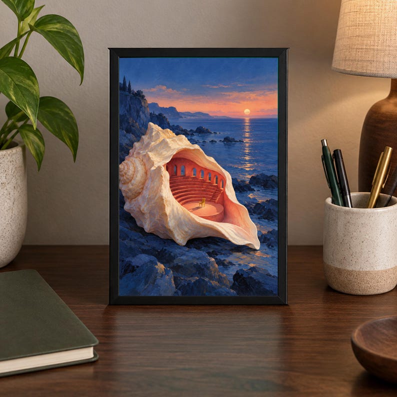 May include: A framed rectangular print featuring a large, light-colored seashell resting on dark rocks by the ocean at sunset. The interior of the shell reveals a curved, tiered amphitheater with a small golden chair on a central stage.