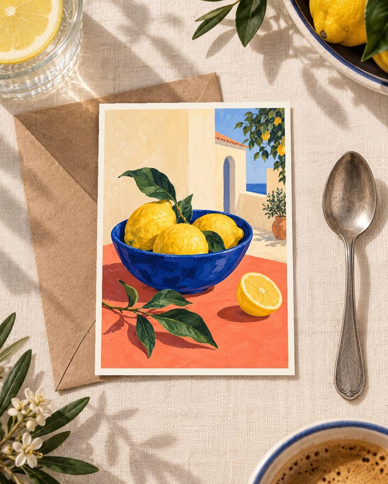 May include: A rectangular art print featuring a painting of three bright yellow lemons in a deep blue bowl, placed on a vibrant orange surface. The background depicts a sunlit Mediterranean-style building with an archway, blue sea, and lemon tree.