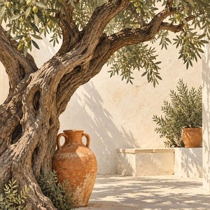 May include: A large, weathered terracotta amphora with two handles sits at the base of a gnarled olive tree. The tree features textured, twisted bark and green leaves with small olives. The scene is set on a stone patio against a white wall.