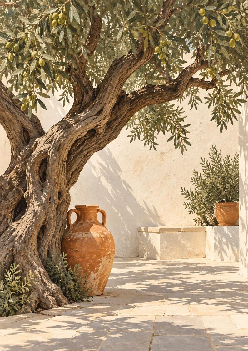 May include: A large, weathered terracotta amphora with two handles sits at the base of a gnarled olive tree. The tree features textured, twisted bark and green leaves with small olives. The scene is set on a stone patio against a white wall.