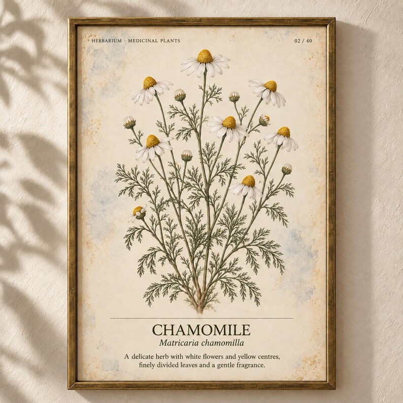 May include: A framed botanical print featuring a chamomile plant with white petals and yellow centers, green stems, and finely divided leaves. The text reads HERBARIUM MEDICINAL PLANTS 02/40, CHAMOMILE, Matricaria chamomilla, and a description.