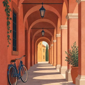 Pu&ograve; includere: Un'illustrazione digitale di una bicicletta blu appoggiata a una parete color terracotta all'interno di un porticato ad archi. Il corridoio presenta lanterne nere sospese, una pianta verde in vaso e piante rampicanti, con la luce del sole che proietta lunghe ombre.
