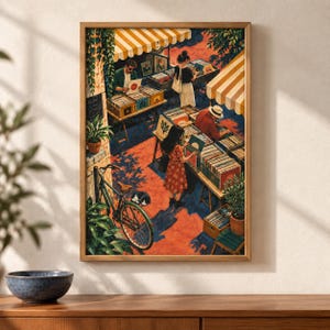 Pu&ograve; includere: Una stampa artistica incorniciata che raffigura un mercato di dischi all'aperto con tende a righe, persone che sfogliano casse di vinili, una bicicletta verde parcheggiata vicino a una pianta in vaso e un gatto che riposa a terra.