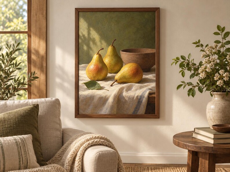 May include: A framed still life painting depicting three yellow and red pears and a brown bowl resting on a white textured cloth. The pears are arranged in the foreground with a single green leaf, set against a muted green background.