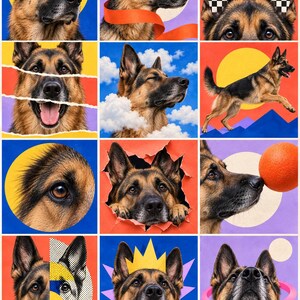 May include: A grid of twelve artistic panels featuring a German Shepherd dog in various poses and settings, including close-ups of eyes, ears with checkered patterns, a dog wearing a yellow crown, and a dog interacting with colorful geometric shapes.