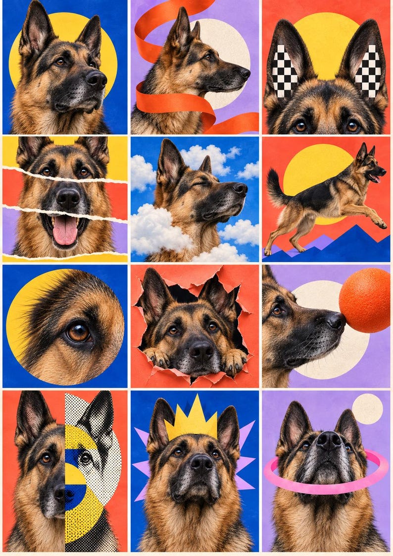 May include: A grid of twelve artistic panels featuring a German Shepherd dog in various poses and settings, including close-ups of eyes, ears with checkered patterns, a dog wearing a yellow crown, and a dog interacting with colorful geometric shapes.
