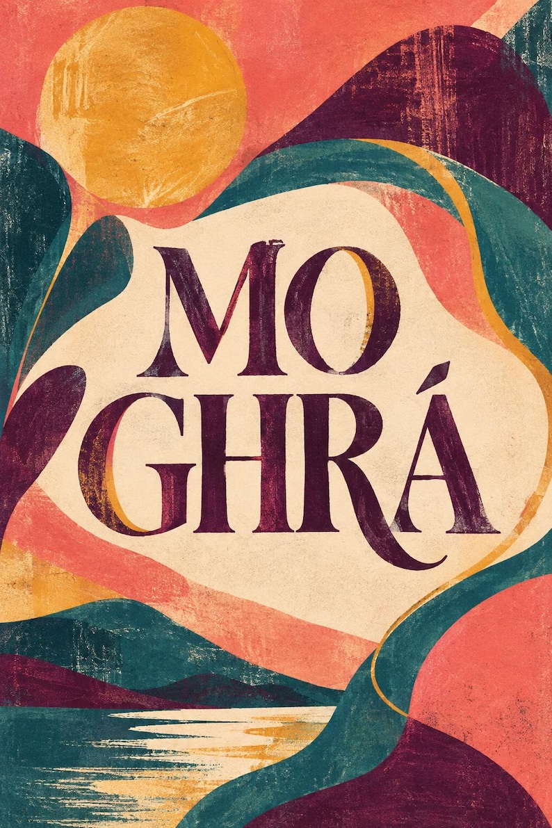 May include: A graphic art print featuring the text MO GHR&Aacute; in dark purple serif lettering. The background displays abstract, layered shapes in shades of coral, teal, and deep purple, with a large yellow circle representing a sun above a landscape.