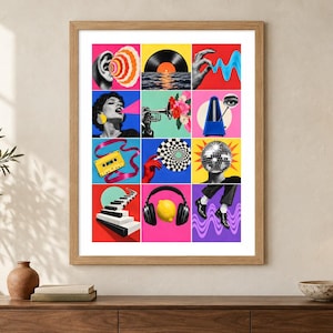 K&ouml;nnte beinhalten: Ein gerahmter Wandkunstdruck mit einem Raster aus zw&ouml;lf bunten surrealistischen Collagen. Die Bilder zeigen eine Schallplatte, eine Kassette, einen Discokugel-Kopf, eine Zitrone mit Kopfh&ouml;rern, Klaviertasten, eine Trompete mit Blumen und ein Ohr.